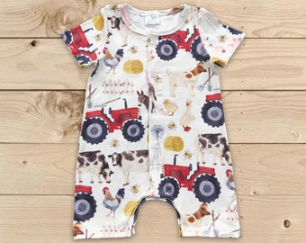 Farm tractor romper, farm romper, tractor romper, boy romper, baby shower gift, newborn farm romper, toddle bodysuit,baby boy clothes