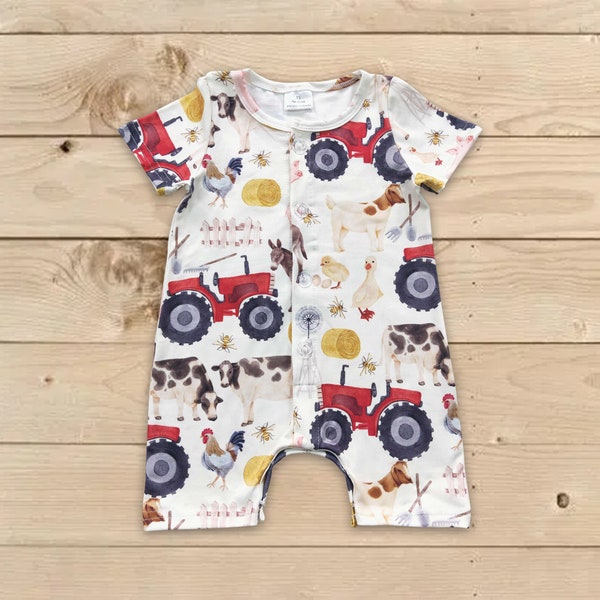 Farm tractor romper, farm romper, tractor romper, boy romper, baby shower gift, newborn farm romper, toddle bodysuit,baby boy clothes