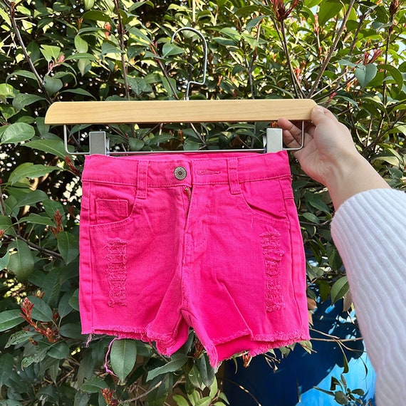 Frayed Distressed Jean Shorts, Hot Pink Short Jeans, Kids Hole