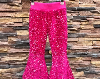 Pantalones de campana de lentejuelas, pantalones de campana brillantes de color rosa intenso, pantalones del día de San Valentín, pantalones de lentejuelas para niñas, ropa para niños, pantalones de cumpleaños, regalo para ella