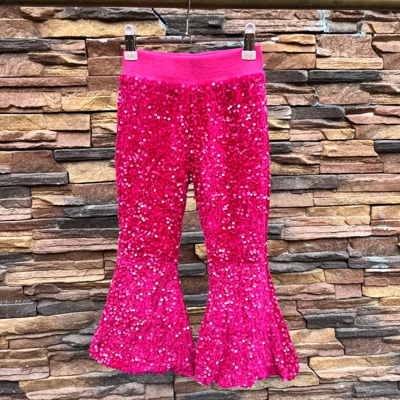 Pantalones de campana de lentejuelas, pantalones de campana brillantes de color rosa intenso, pantalones del día de San Valentín, pantalones de lentejuelas para niñas, ropa para niños, pantalones de cumpleaños, regalo para ella hot pink