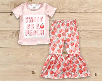 Sweet as a peach bell bottom outfit, baby girls birthday party outfit, toddle girls summer clothes, spring clothes, trendy girls outfit