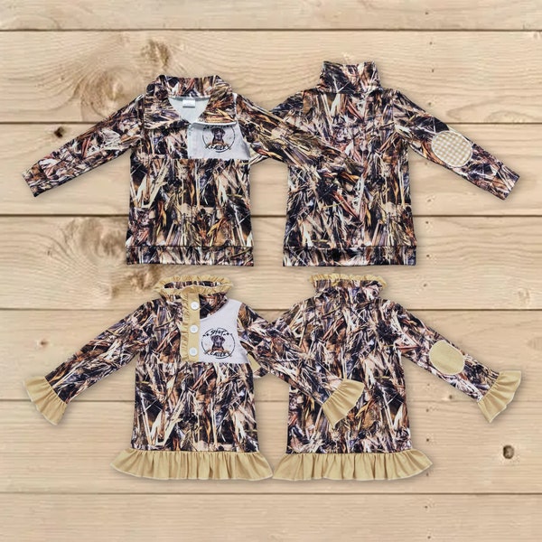 Kids Hunting Pullover,Hunting Season,sister brother sibling Camo Pullover,Baby Camo Dog Pullover,Baby Boy Hunting Dog Outfit Duck Camo Set