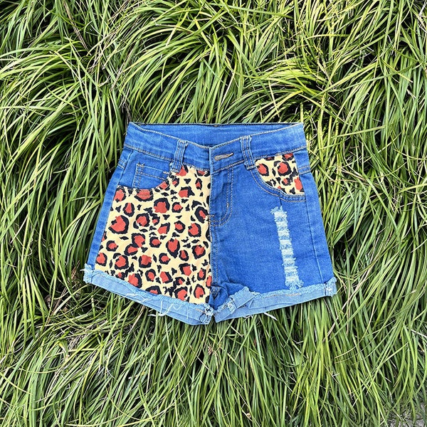 Cheetah denim shorts, blue jeans shorts, kids boutique denim shorts, baby girls leopard denim shorts