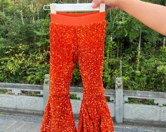 girls sequins pants,glitter bell bottoms, shiny bell bottoms,birthday party sequins bell bottoms, orange sequins bell bottoms, dance pants