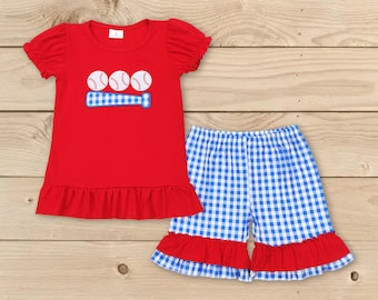 baseball outfit,baby girls sports outfit,red baseball shirt blue gingham shorts outfit,game day outfit,toddle baseball sibling set