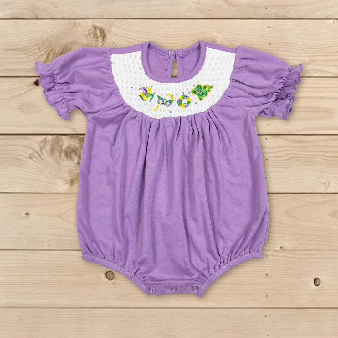Mardi Gras Smocked Romper,toddle Girls Mardi Gras Bubble Romper,mardi