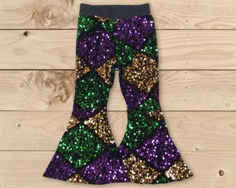 sequins bell bottoms,shiny bell bottoms,toddle girls bell bottoms,mardi gras sequins bell bottoms,purple sparkle bell bottoms,glitter pants