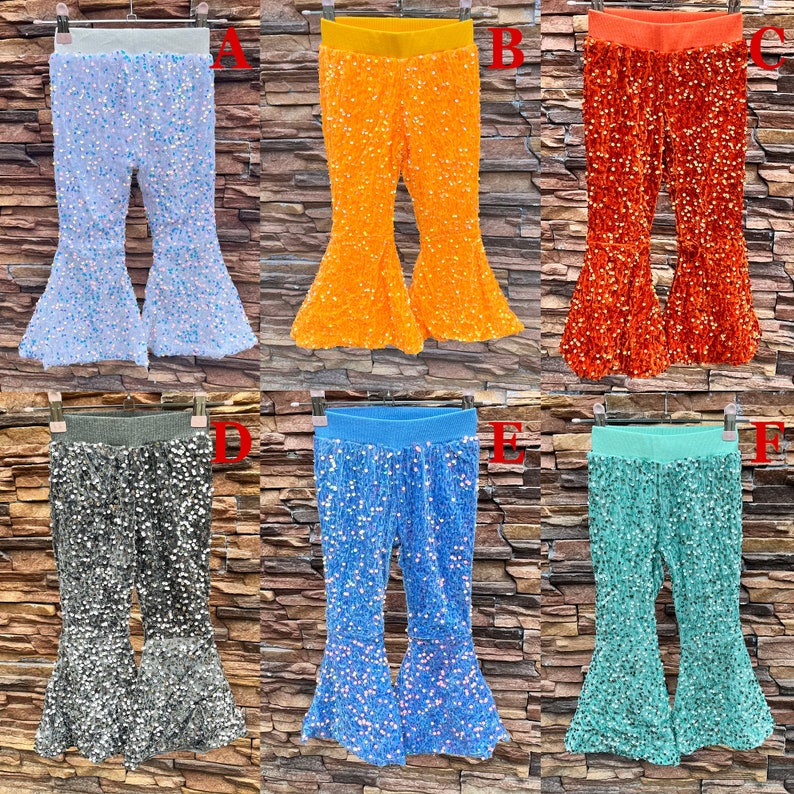 Pantalones de campana de lentejuelas, pantalones de campana brillantes de color rosa intenso, pantalones del día de San Valentín, pantalones de lentejuelas para niñas, ropa para niños, pantalones de cumpleaños, regalo para ella imagen 10