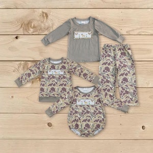 Boy hunting outfit embroidery mallard duck reindeer outfit duck birthday sibling hunting outfit sister brother hunting outfit camo romper