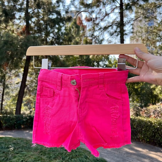 Frayed Distressed Jean Shorts, Hot Pink Short Jeans, Kids Hole