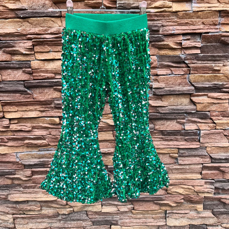 Sequins bell bottoms,hot pink sparking bell bottoms,Valentines day pants,toodle girls sequins pants,kids clothes,birthday pants,gift for her green