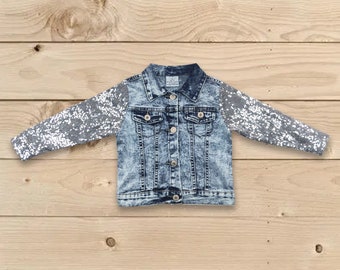 Chaqueta vaquera con mangas de lentejuelas, chaqueta vaquera para niñas, chaqueta con lentejuelas brillantes, chaqueta de primavera, ropa exterior vaquera para niñas, chaqueta vaquera con lentejuelas brillantes