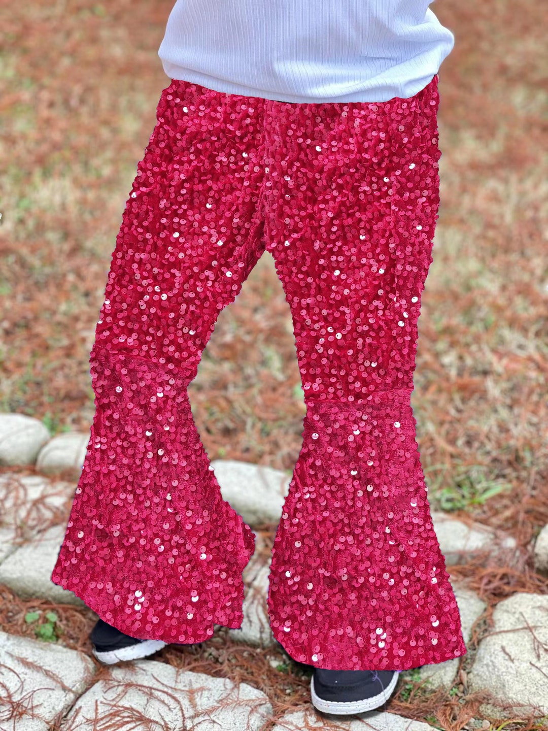 Sequins Bell Bottoms, Hot Pink Sequins Pants, Sparkle Pants,valentines