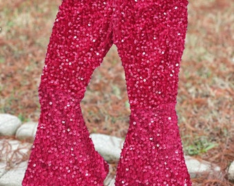 sequins bell bottoms, hot pink sequins pants, sparkle pants,Valentines day sequins pants,baby girls shiny pants, toddles flare pants sequins