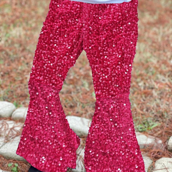 sequins bell bottoms, hot pink sequins pants, sparkle pants,Valentines day sequins pants,baby girls shiny pants, toddles flare pants sequins