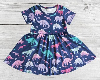 Dinosaur dress, girls short sleeve dino dress,girls twirl dress, baby animal print outfit,kids party wear dress, toddle girls birthday dress