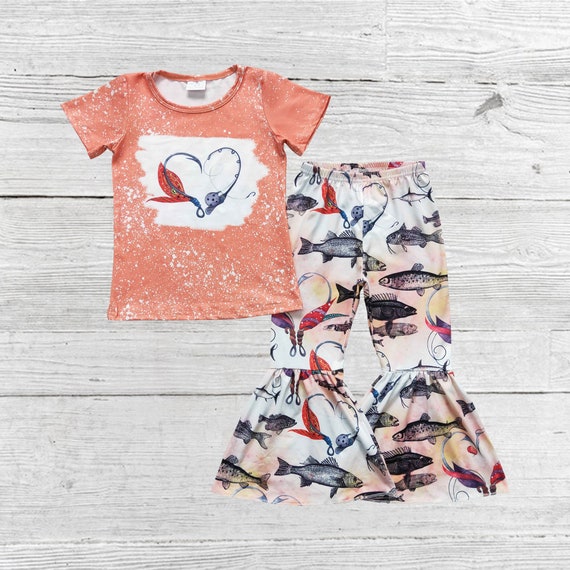 Fishing Print Outfit, Baby Girls Fishing Outfit, Outdoor Summer