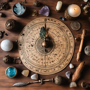 May include: A circular, leather-bound compass with a detailed map of the stars and planets. The compass is surrounded by various crystals, candles, and other mystical objects on a wooden surface.