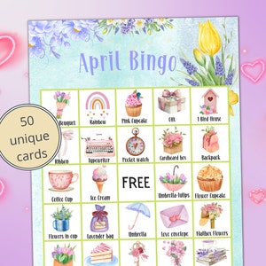 PRINTABLE APRIL Bingo Game w/ 50 Unique Bingo Cards, Easter Bingo Game, Family,Work, Teens,Adults,Classroom Games,Family Activities for Kids