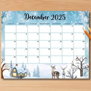 Calendario dicembre 2025 modificabile, calendario di dicembre stampabile e compilabile con tema invernale, splendido calendario da parete per scrivania, download immediato