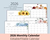 EDITABLE Floral Calendar 2026 Bundle, Editable PDF Calendar, Watercolor Printable Fillable Editable Monthly Calendar 2026, Instant Download