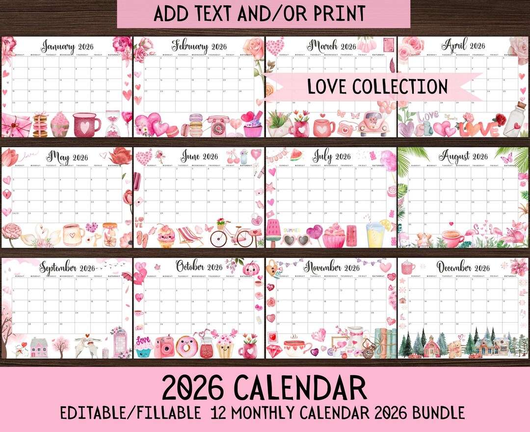 EDITABLE Wall Calendar 2026 Bundle, Pink Calendar W/ Love Hearts Sweets ...