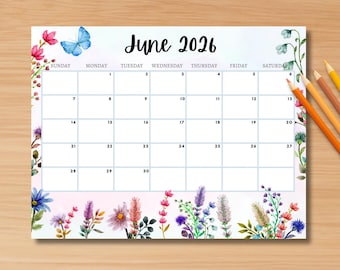 EDITABLE June 2026 Calendar, Printable Wall Calendar 2026, Cute Calendar for June Fillable, Monthly Classroom Calendar, Cute Family Calendar