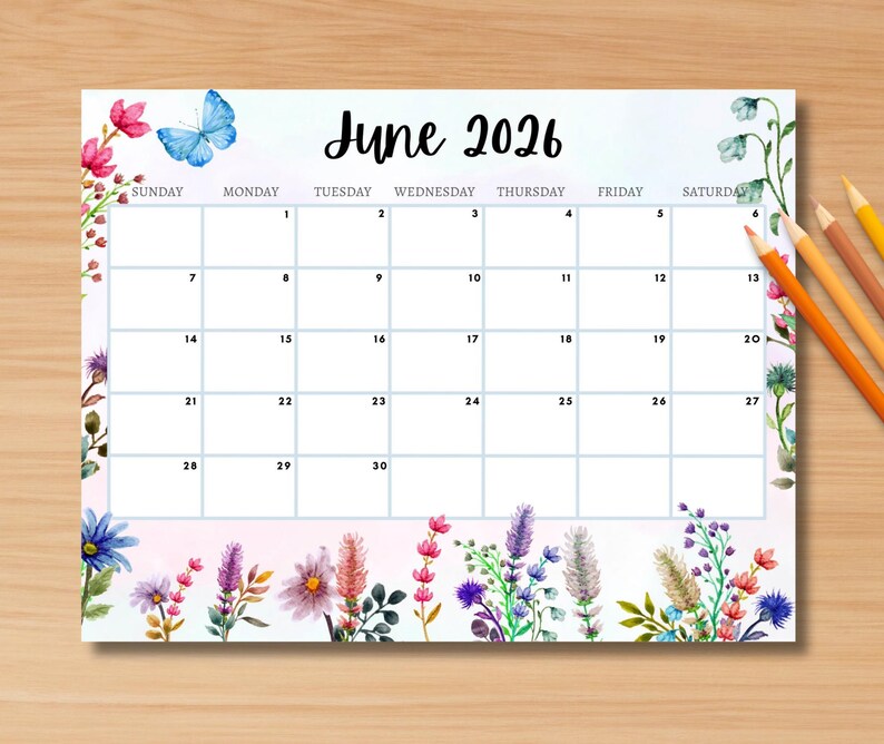 EDITABLE June 2026 Calendar, Printable Wall Calendar 2026, Cute ...