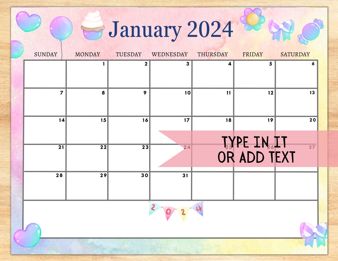 EDITABLE January 2024 Calendar Printable New Year Calendar, New Year's