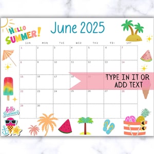 EDITABLE June 2025 Calendar, Printable Wall Calendar 2025, Cute Calendar for June Fillable, Monthly Classroom Calendar, Cute Family Calendar