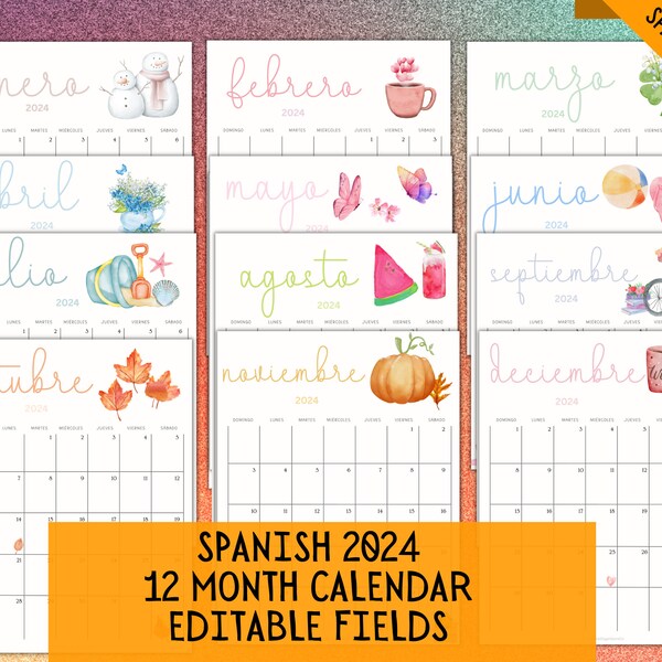 Spanish 2024 EDITABLE Printable Calendar 2024 Calendario en Español 2024 Spanish Calendar Fillable 2024 Calendario Mensual Monthly Planner