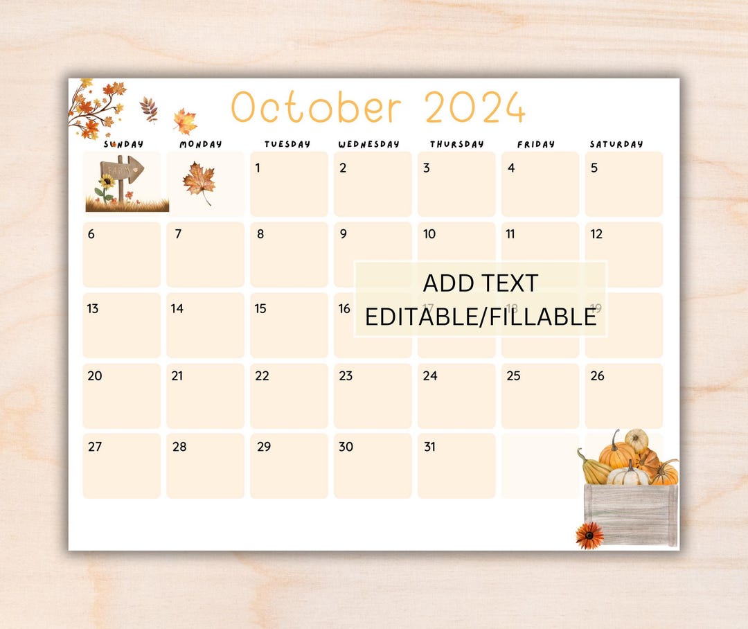 EDITABLE October 2024 Calendar, Printable Wall Calendar 2024, Fillable ...