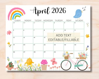 EDITABLE April 2026 Calendar, Printable Fillable Monthly Planner April Calendar Editable Monthly Schedule Printable Calendar Work School