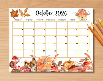 Peut inclure: Une page de calendrier mensuel pour octobre 2026 avec une grille. Le haut présente des feuilles d'automne et une citrouille. La bordure inférieure affiche des illustrations à l'aquarelle de champignons, un escargot, une lanterne, des citrouilles, des pommes et une tarte.