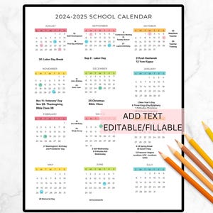 Editable School Year Calendar 2024-2025 School Calendar, Printable 2024 2025 Academic Year At-A-Glance Calendar, Digital Download, Preschool