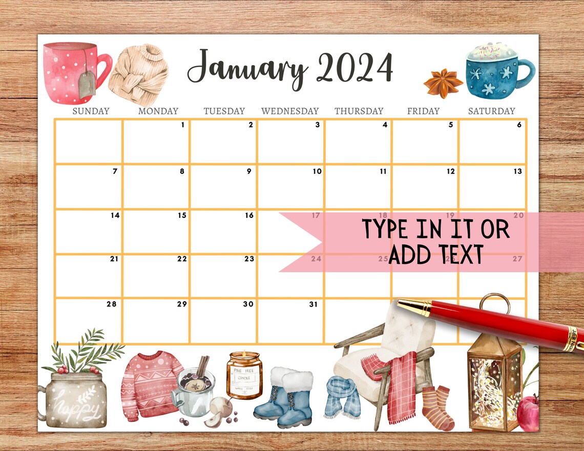 EDITABLE January 2024 Calendarprintable Fillable Monthly Etsy Canada