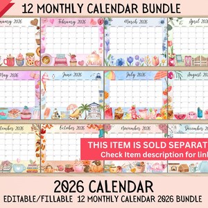 May include: A 12-month calendar bundle for 2026, featuring a colorful design for each month. Each calendar page has a unique border and decorative elements. The text "12 MONTHLY CALENDAR BUNDLE" and "2026 CALENDAR" are displayed.