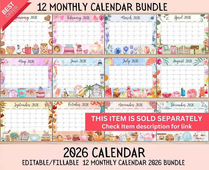 May include: A 12-month calendar bundle for 2026, featuring a colorful design for each month. Each calendar page has a unique border and decorative elements. The text "12 MONTHLY CALENDAR BUNDLE" and "2026 CALENDAR" are displayed.