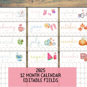 2025 EDITABLE Printable Watercolor Calendar,Printable Fillable Monthly Calendar, A4, A5, 8.5 x 11 Portrait 12 month calendar Digital Planner