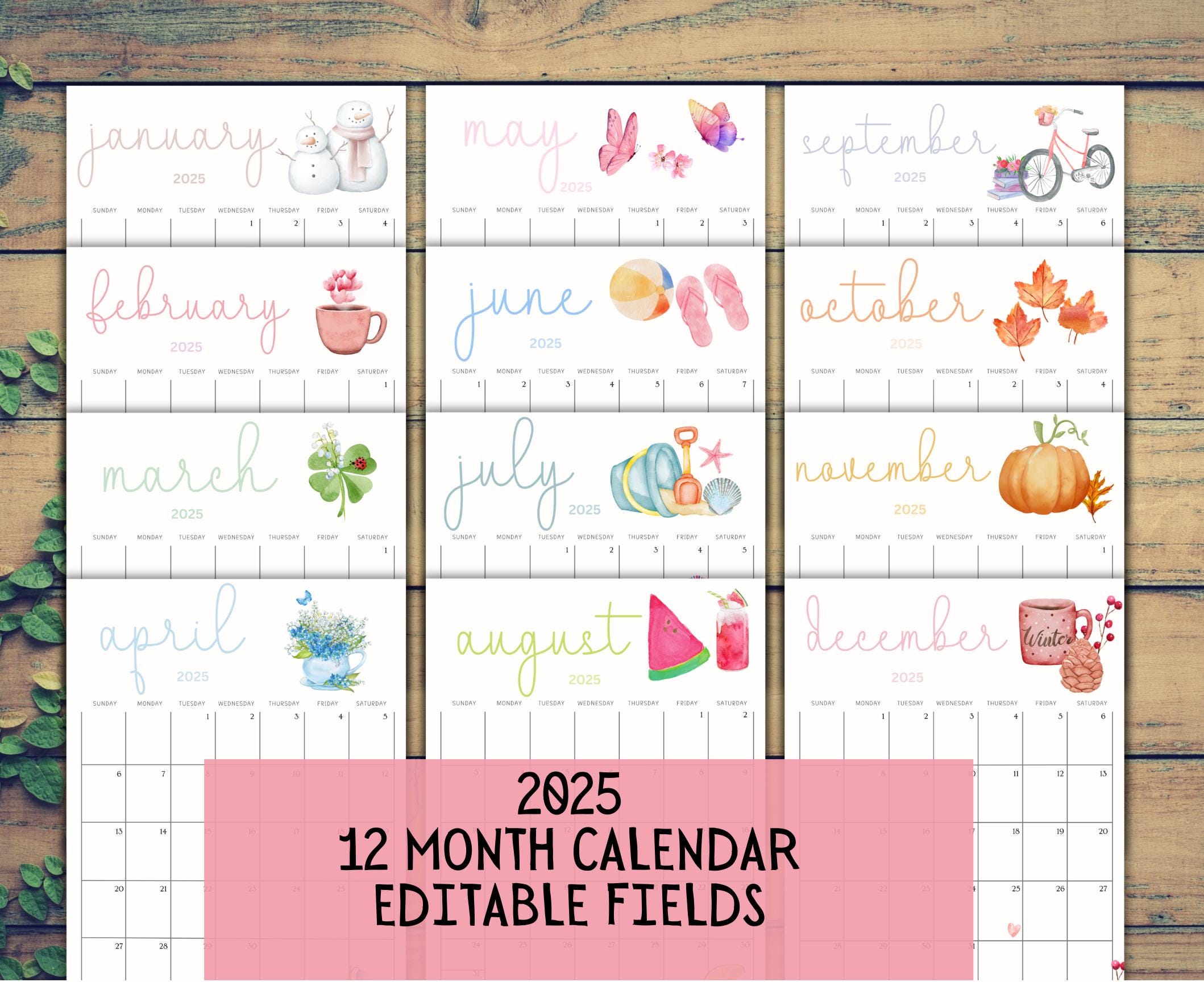 2025 EDITABLE Printable Watercolor Calendar,Printable Fillable Monthly Calendar, A4, A5, 8.5 x 11 Portrait 12 month calendar Digital Planner