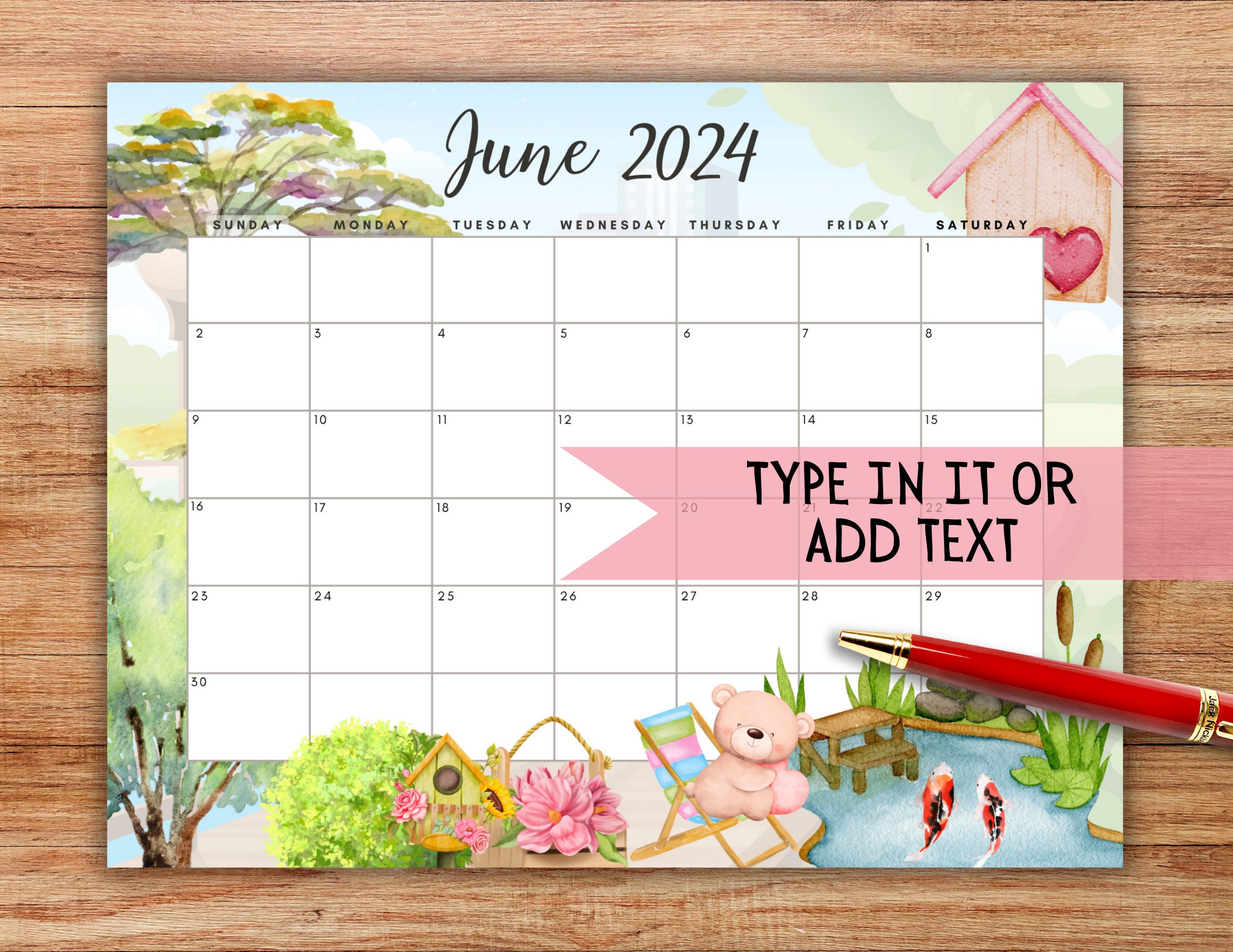 EDITABLE June 2024 Calendar, Printable Kids Calendar 2024, Cute ...