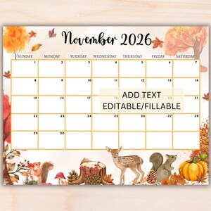 Puede incluir: Un calendario imprimible de noviembre de 2026 con tem&aacute;tica oto&ntilde;al. El calendario presenta un dise&ntilde;o de cuadr&iacute;cula con los d&iacute;as de la semana y las fechas. El dise&ntilde;o incluye ilustraciones de follaje oto&ntilde;al, un ciervo, una ardilla y una calabaza.