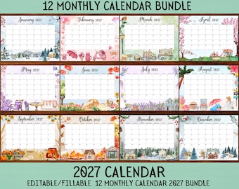 EDITABLE Monthly Calendar 2027 Bundle, Cute Printable Fillable Monthly Calendar 2027, PDF Calendar, Printable, Digital Download