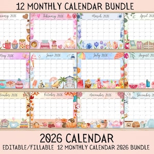 EDITABLE Monthly Calendar 2026 Bundle,Fillable PDF 2026 Calendar,Cute Printable Editable Fillable Monthly Calendar 2026,Instant Download