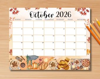 EDITABLE October 2026 Calendar, Printable Monthly Calendar for October, Autumn Fall Calendar, Classroom Calendar, 2026 Oct Calendar Download