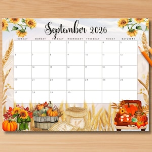 Puede incluir: Un calendario decorativo de septiembre de 2026 con temática otoñal. El calendario presenta girasoles, calabazas y una camioneta vintage llena de cosecha de otoño. El texto "Septiembre 2026" se muestra en una elegante escritura. Lápices de colores a la derecha.