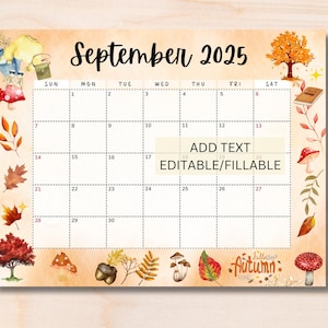 EDITABLE September 2025 Calendar, Cute Fall Calendar Monthly Calendar for Kids, Classroom Calendar, Printable Sept Calendar Instant download