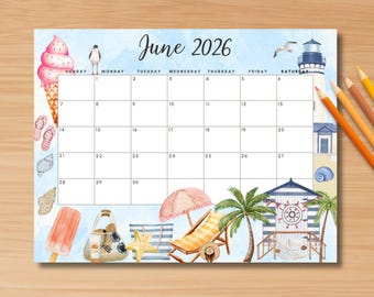 EDITABLE June 2026 Calendar, Cute Summer 2026 Planner PDF, Cute Printable Editable Calendar Planner for Kids Home Work, Instant Download