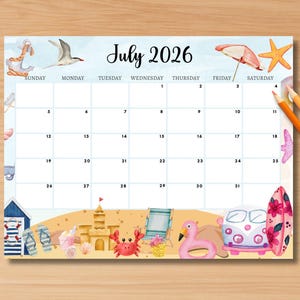 EDITIERBARER Kalender Juli 2026, niedlicher Sommer 2026 Planer PDF, niedlicher druckbarer bearbeitbarer Kalenderplaner für Kinder Hausarbeit, sofortiger Download